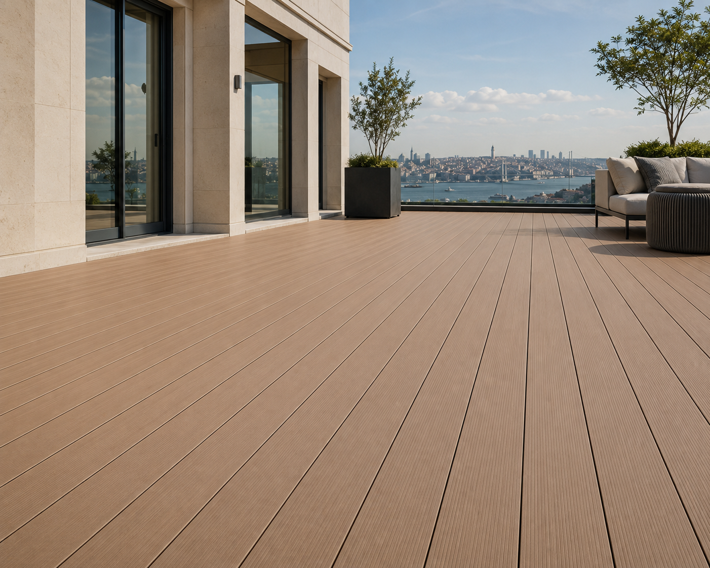 İstanbul manzaralı terasta kanallı kompozit deck uygulaması